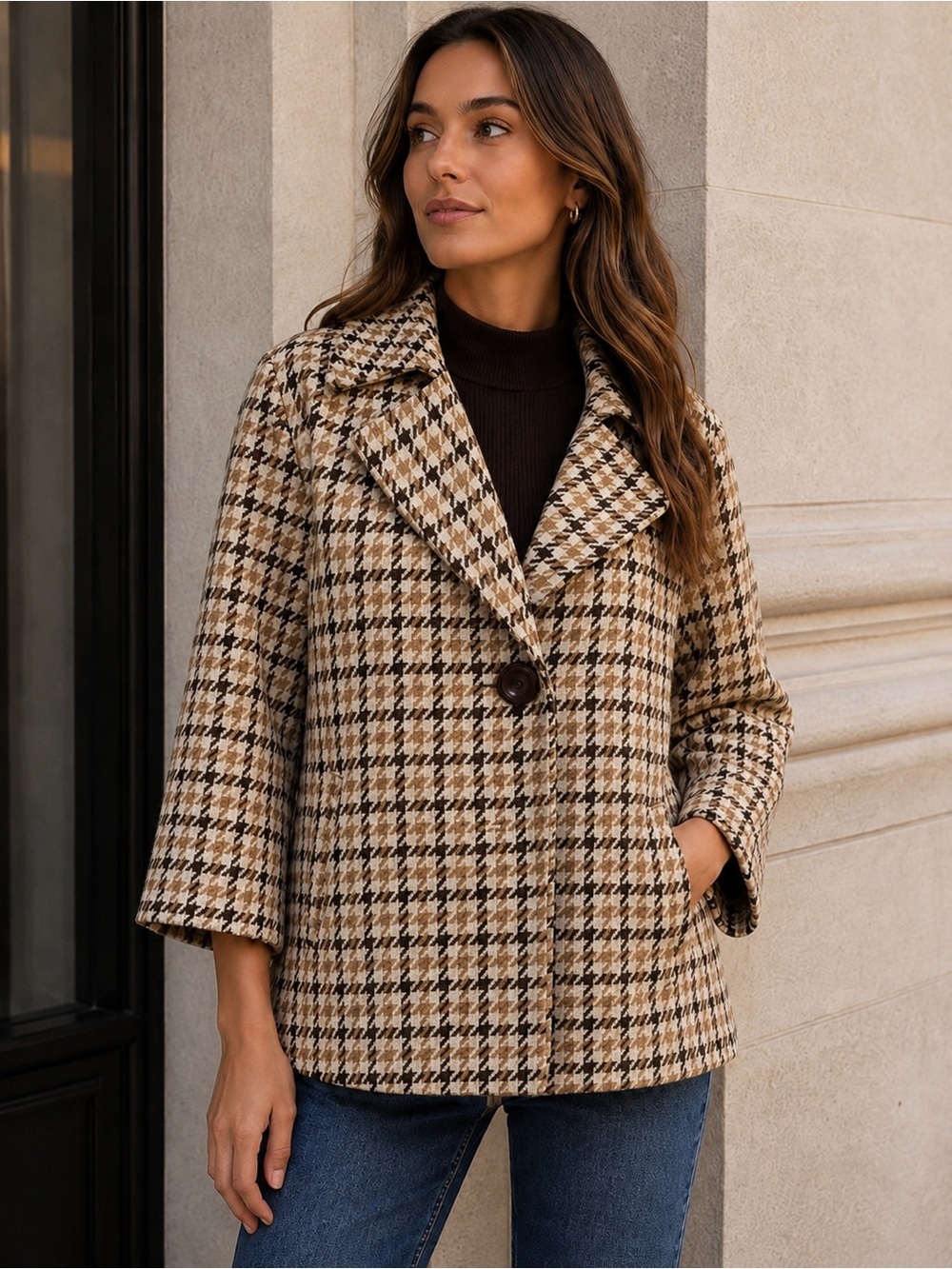 LAL Live A Little Houndstooth Coat | Swing Brown Tan Wool Blend Lined | Size 2X